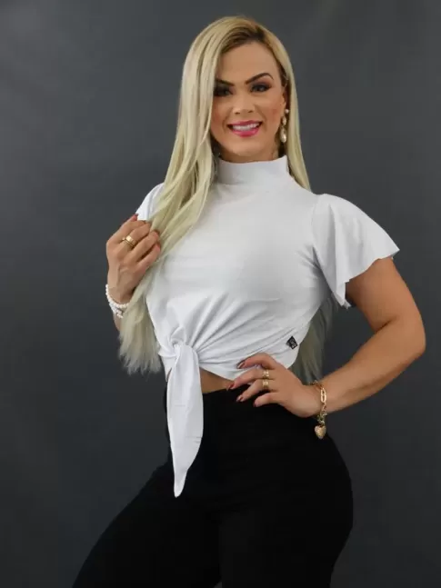Blusa Feminina Gola Alta Manga Flare em Viscolycra Branco [2109181]