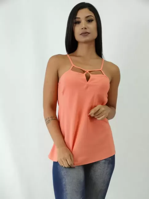 Blusa em Viscose de Alça com Decote Gota e Tiras Coral Liso [1902275]