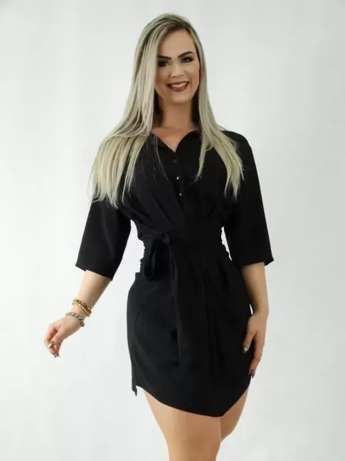 Vestido em Viscose Meia Manga com Faixa Preto [1907051]