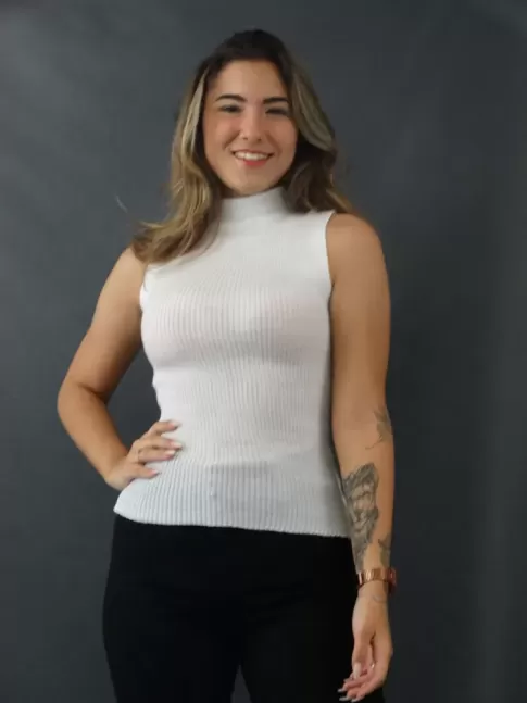 Blusa Feminina em Tricot Canelado com Elastano Gola Alta Sem Manga Branco [2205009]