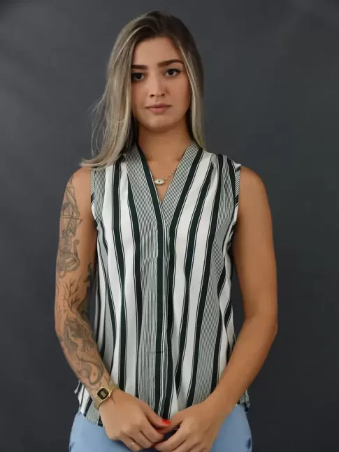 Blusa de Alça Larga com Botões em Cetim Branco Listras Verde [2103043]