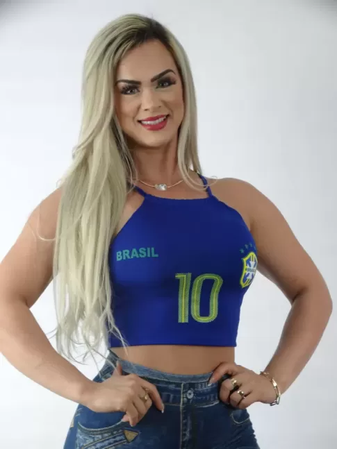 Blusa Feminina Cropped de Alça com Bojo Copa do Mundo Brasil em Suplex Azul [2209095]