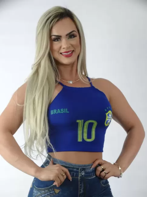 Blusa Feminina Cropped de Alça com Bojo Copa do Mundo Brasil em Suplex Azul [2209095&91;