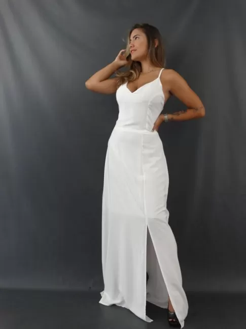 Vestido Longo em Viscose com Decote Profundo Branco [2112158]