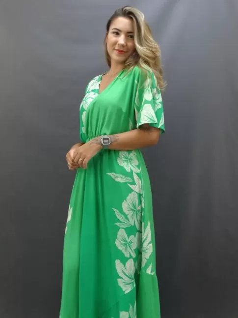 Vestido Longo com Decote Transpassado em Viscose Verde Flores [2201006]