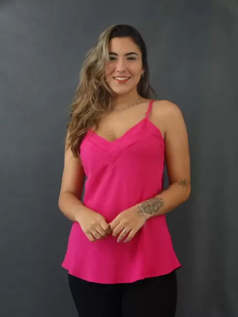 Blusa de Alça Decote V Com Detalhes Em  Viscose Rosa Pink  [2205032]