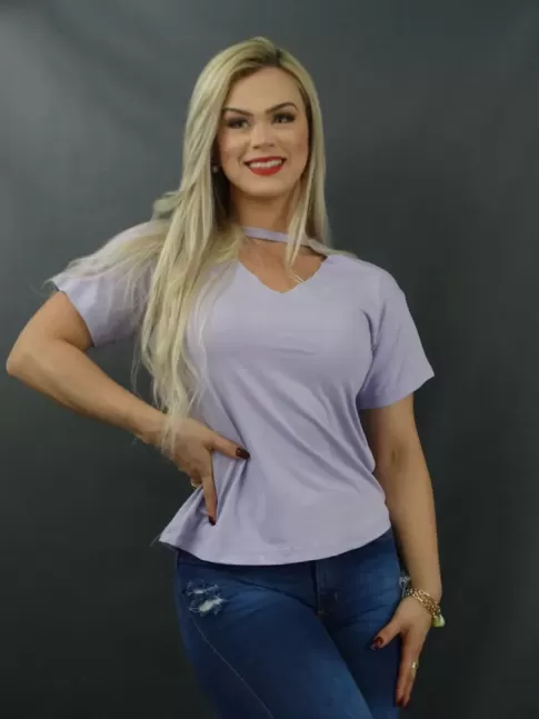 Blusa com Detalhe Vazado no Decote em Viscolycra Lilas [2112155]