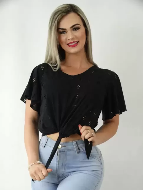 Blusa em Viscolycra com Manga Flare Estilo Lese Preto [1910353]