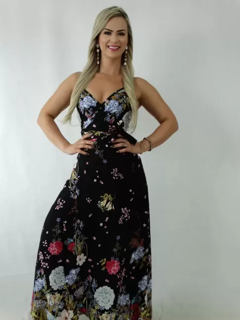 Vestido Envelope em Viscose Preto Flores [1904084]