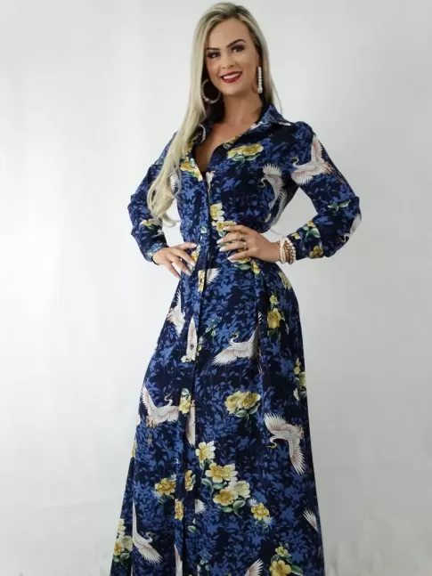 Vestido em Viscose Longo com Botões Azul Flores e Pássaros [1904053]