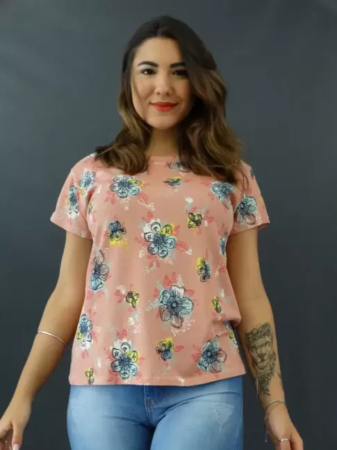 Blusa T-shirt Estampada em Viscolycra Rose Flores Relevo [2012008]