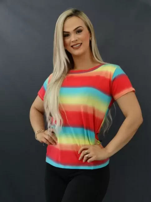 Blusa T-shirt Tie Dye em Viscolycra Vermelho Amarelo e Azul  [2011073]      