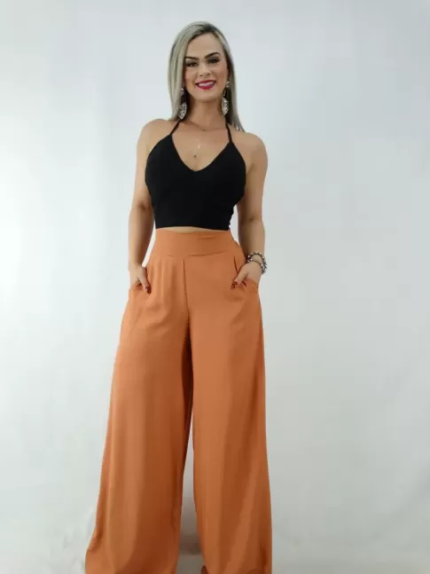 Calça Pantalona em Viscose com Pala e Elástico Ferrugem Claro [2001061&91;