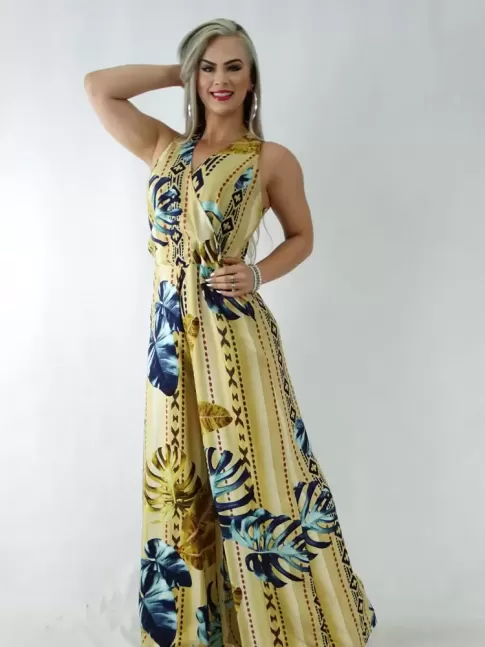 Macacão Pantalona em Viscose Alça Larga Decote Transpassado Bege Etnico Folhas [1911335]