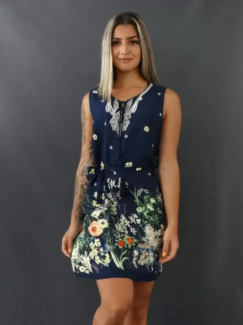 Vestido de Alça Larga com Cinto em Viscose Azul Marinho Flores [2102023]