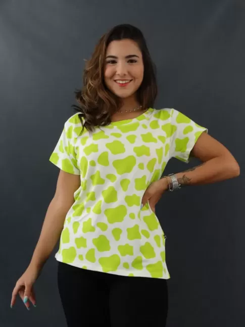 Blusa Feminina T-shirt Estampada em Viscolycra Branco Animal Print Verde [2109228]