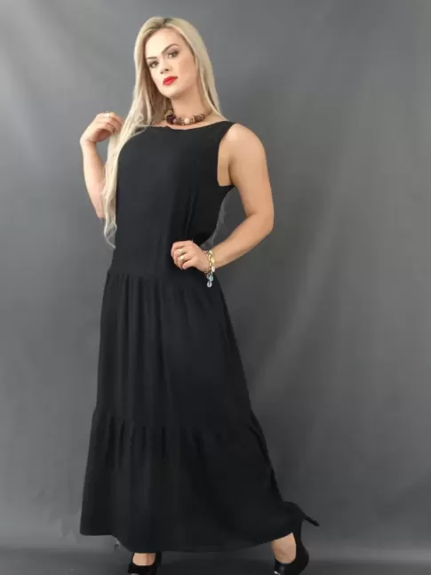 Vestido Longo Alça Larga Soltinho Decote Redondo  Babado na Barra em Viscose Preto [2112027]