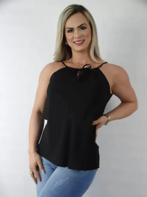 Blusa Feminina de Alca Decote V Vazado em Viscose Preto [2209045]