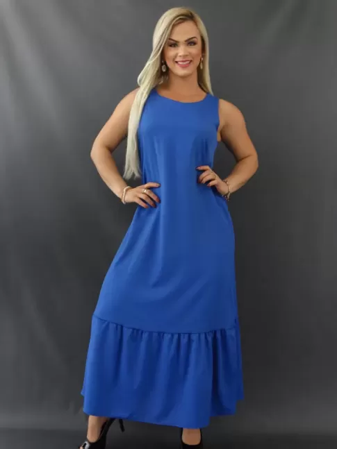 Vestido Longo Soltinho Decote Redondo Barra com Babado Azul Tecido Alfaiataria [ 2109280]