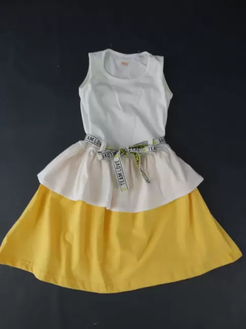 Vestido Infantil em Malha com Cinto Off White e Amarelo Glitter [2008207]