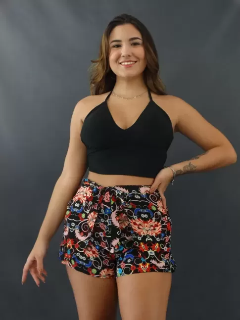 Short-saia  com forro em Viscose estampa Preto Fores [2108028&91;