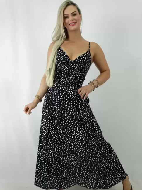 Vestido Envelope em Viscose Estampado Preto Poa Branco [1902082]