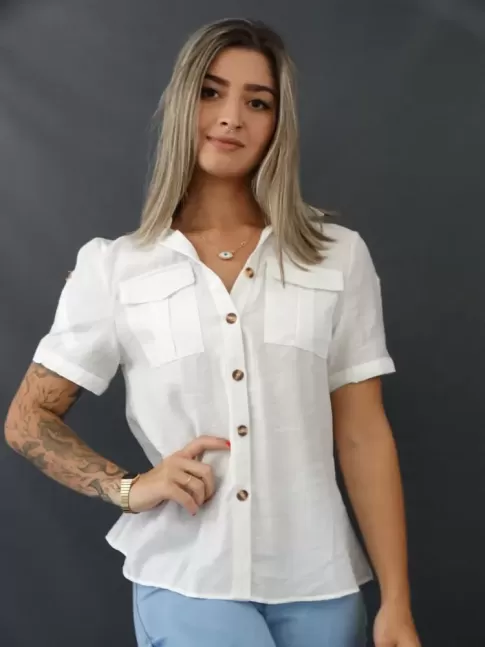 Blusa de Manga com Botões e Bolso em Crepe Branco [2103026]