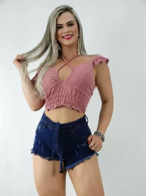 Short Jeans com Stretch com Puido Bainha Desfiada com Cinto [2001286&91;