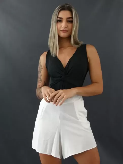 Short com Elástico e Zíper Lateral em Viscose Branco [2101072]