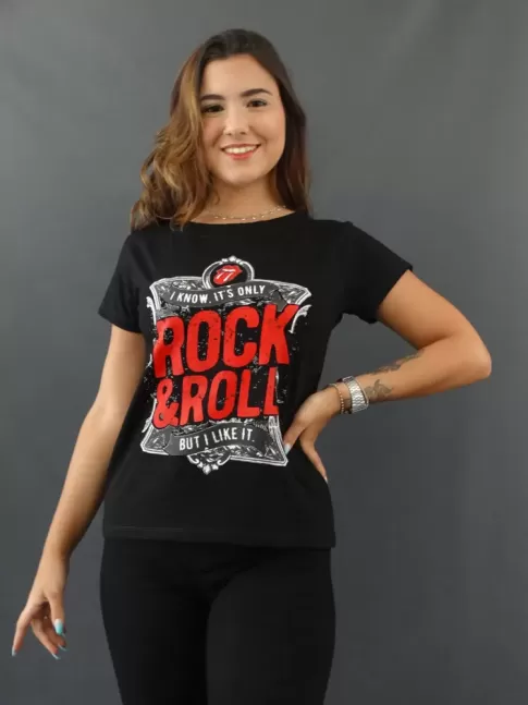 Blusa Feminina T-shirt Estampada em Viscolycra Preto Rock e Roll [2109212]