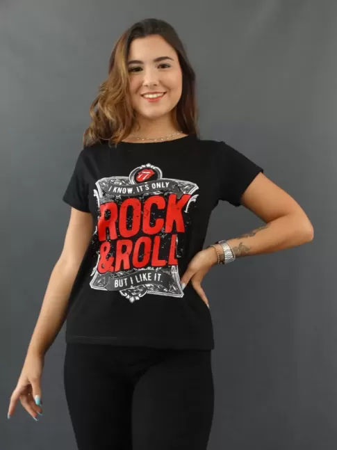 Blusa Feminina T-shirt Estampada em Viscolycra Preto Rock e Roll [2109212&91;