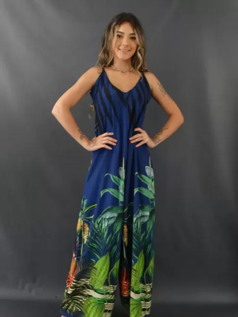 Macacão Pantalona com Alça  Decote V em Viscose Azul Folhas e Flores [2110025]