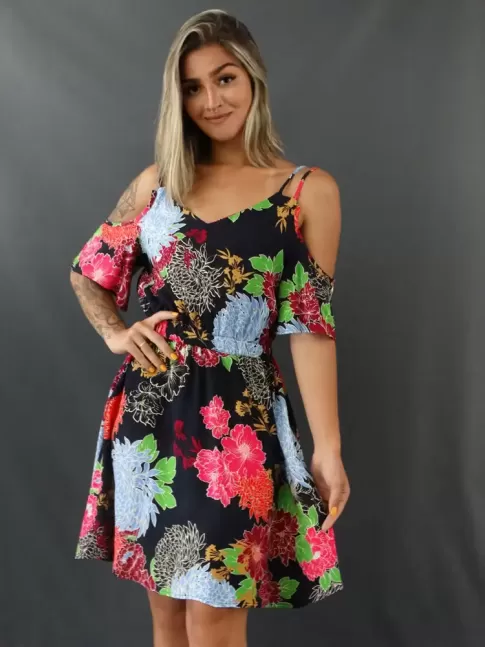 Vestido Ombro Vazado com Bolso em Viscose Azul Marinho Flores Colors [2102021]