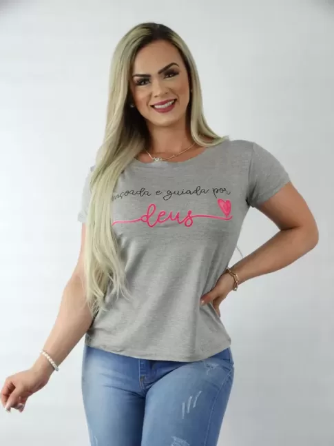 Blusa Feminina T-shirt em Viscolycra Cinza Mescla Abençoada e Guiada por Deus [2209068&91;