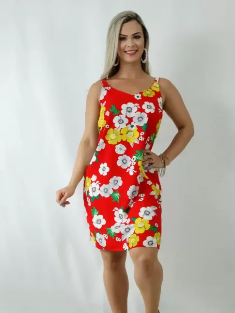 Vestido em Viscose Decote V Alca Larga Vermelho Flores [1903038]