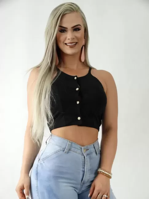 Cropped em Suplex com Bojo Botões de Pérolas Preto [1911283]