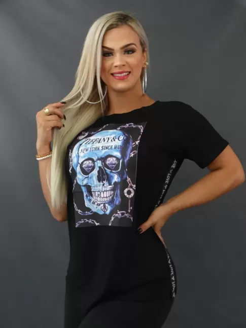 Blusa T-shirt Sobre Legging com Aplicação Lateral em Viscolycra Preto Caveira [2103173]