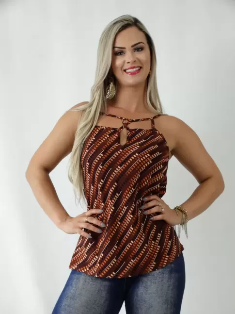 Blusa em Viscose de Alça com Decote Gota e Tiras Marrom Geometrico [1903133]