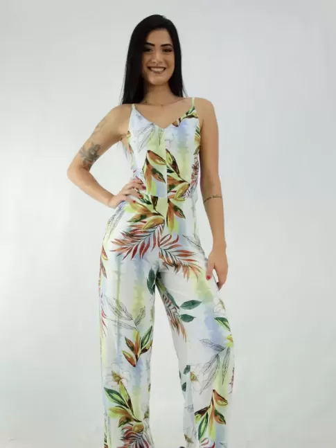 Macacão Pantalona em Viscose Decote V Branco Folhas Flores [1912143]