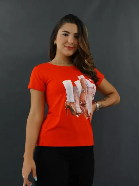 Blusa Feminina T-shirt Estampada em Viscolycra Vermelho Scarpin  [2109214]