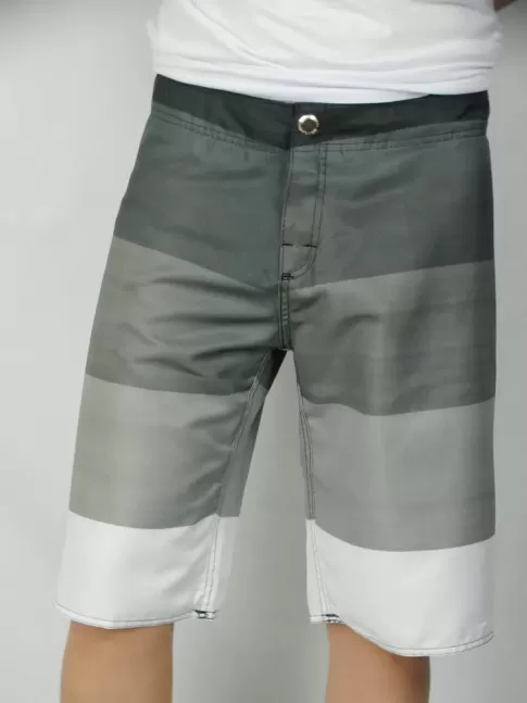 312-Bermuda masculina em microfibra botão sublimada listrada cinza e branco