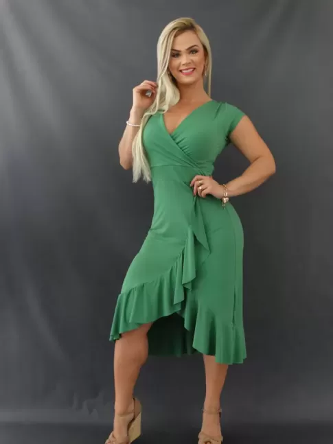 Vestido Midi Decote Transpassado Frente e Barra com Babado em Malha Fluid Verde [2109282]