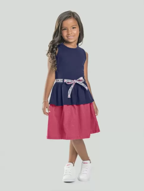 Vestido Infantil em Malha com Cinto Off White e Amarelo Glitter [2008207]