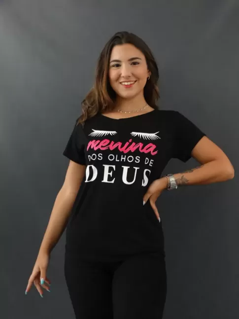 Blusa Feminina T-shirt Estampada em Viscolycra Preto Menina dos Olhos de Deus [2109199]