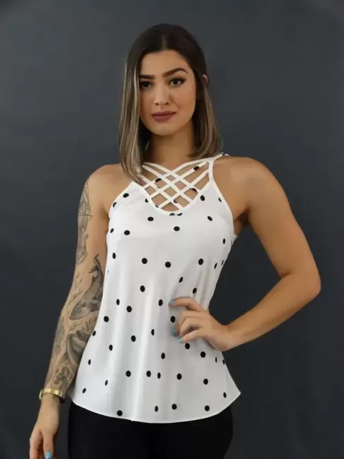 Blusa de Alça Decote com Treliças em Viscose Branco Poa Preto [2010074]