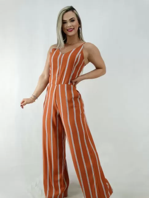 Macacão Pantalona em Viscose Decote V Ferrugem Listras [1912164]