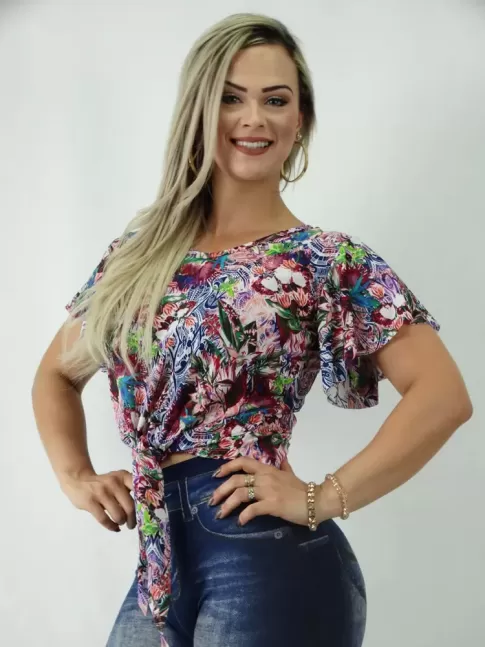Blusa em Malha Fria com Amarracao Rosa Etnico [1901131]