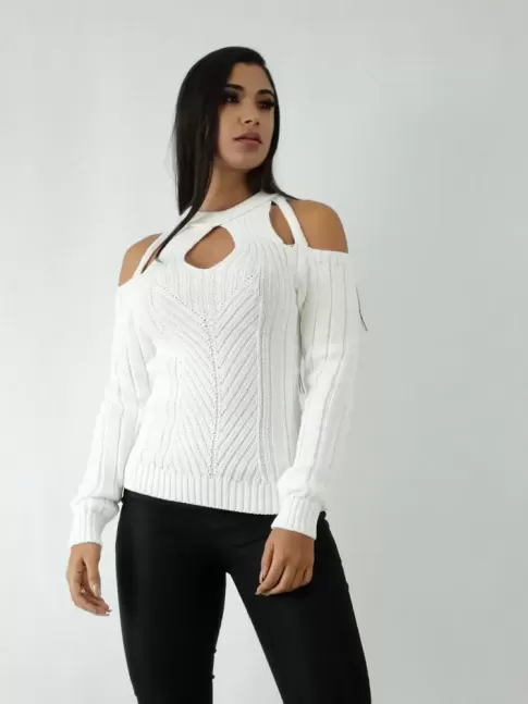 Blusa em Tricot Manga Longa Decote Gota Manga Vazada Branco Off [1904103]