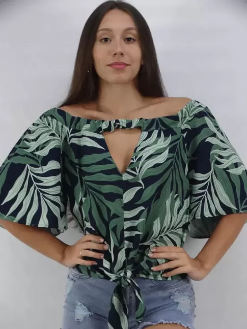 Blusa Feminina Ciganinha Decote Diamante Manga Flare  Azul Marinho Folhas [2303011]