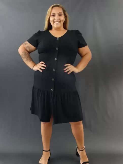 Vestido Botões em Viscolycra Plus Size Preto [2009152]